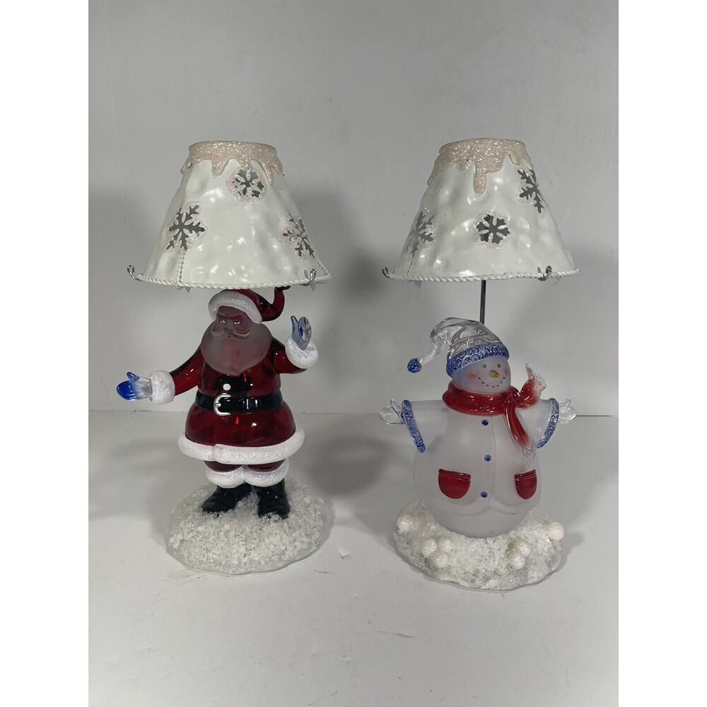 2 Set Santa Claus + Snowman Tea Light Holder W/ Tin Shade Tealight Votive Candle